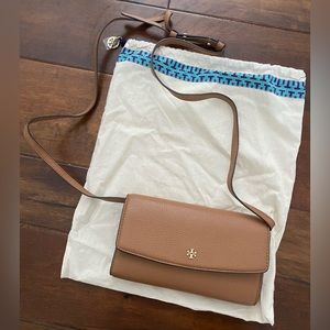 Tory Burch brown pebbled leather crossbody or wristlet with gold hardware.